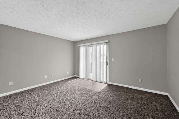 A room with a carpeted floor and a sliding door.
