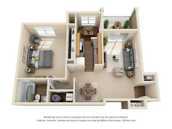 A 3D floor plan of a house with a kitchen, living room, and two bedrooms.