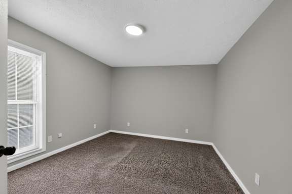 A room with a carpeted floor and a window with blinds.