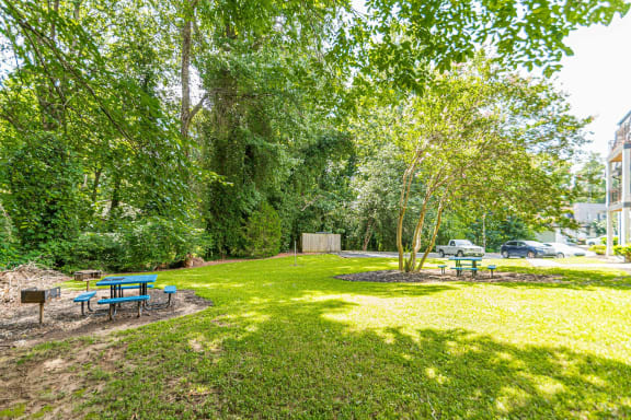 a grassy area with trees and a blue picnic table at Pines at Lawrenceville Apartments in Georgia 30033