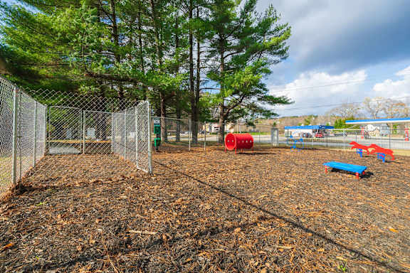 A playground with a fence and a slide.