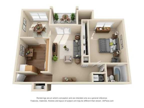Floor Plan  A 3D floor plan of a house with a kitchen, living room, and two bedrooms.