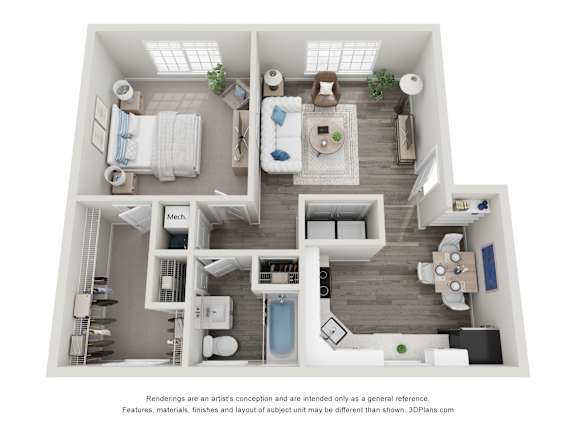 Floor Plan  A 3D floor plan of a house with a kitchen, living room, and bathrooms.