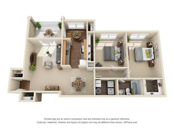 A 3D floor plan of a house with a living room, kitchen, and two bedrooms.