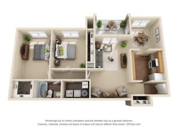 Floor Plan  A 3D rendered image of a modern apartment layout.