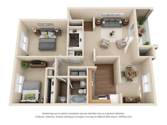A 3D floor plan of a house with a kitchen, living room, and bedrooms.