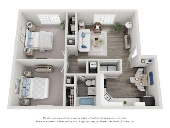 Floor Plan  A 3D floor plan of a small apartment with two bedrooms, a living room, and a kitchen.