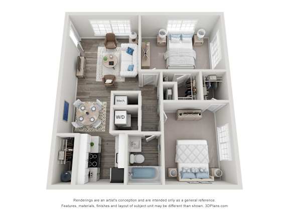 Floor Plan  A 3D floor plan of a small apartment with a kitchen, living room, and bedroom.