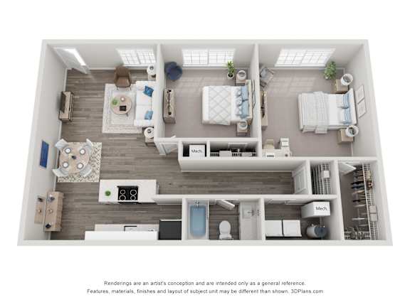 Floor Plan  A 3D floor plan of a house with two bedrooms, a living room, a kitchen, and a bathroom.