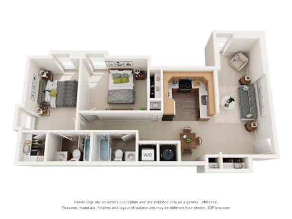 A 3D floor plan of a small apartment with two bedrooms, a living room, and a kitchen.