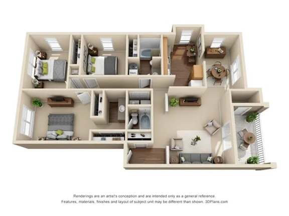 A 3D floor plan of a house with multiple rooms and furniture.