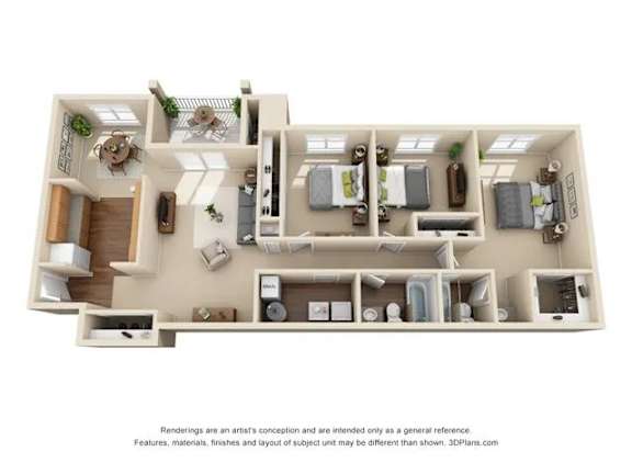 A 3D floor plan of a house with a kitchen, living room, and bathroom.