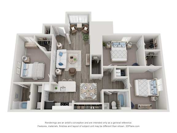 Floor Plan  A 3D floor plan of a house with a kitchen, living room, and two bedrooms.