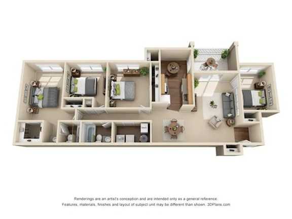A 3D floor plan of a house with a kitchen, living room, and bedrooms.