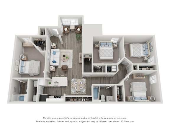 Floor Plan  A 3D floor plan of a house with a kitchen, living room, and two bedrooms.