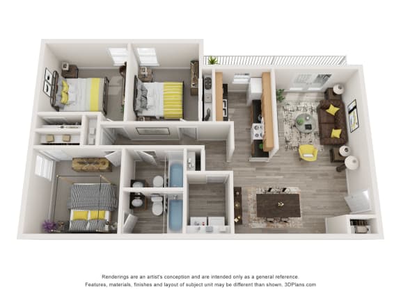 Floor Plan  Three Bedroom Floor Plan | 1,052 Sq. Ft. at Bradford Gwinnett Apartments, Norcross