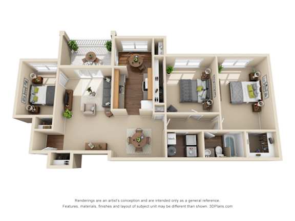 A 3D floor plan of a house with a living room, kitchen, dining room, and bedrooms.