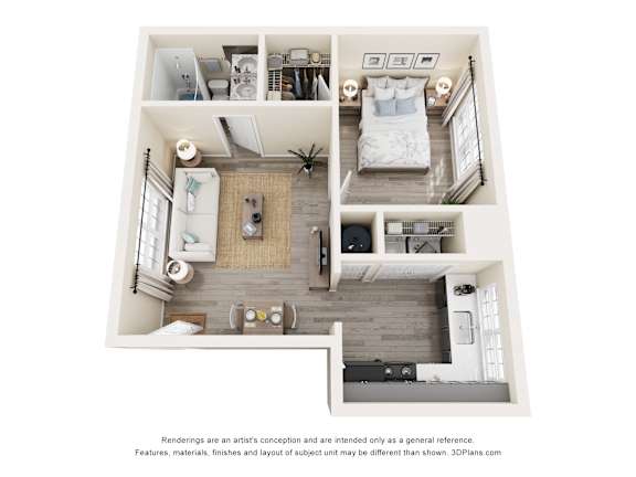 A top down view of a small apartment with a kitchen, living room, and bedroom.