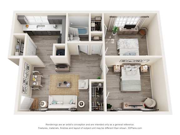 A 3D floor plan of a small apartment with a kitchen, living room, bedroom, and bathroom.