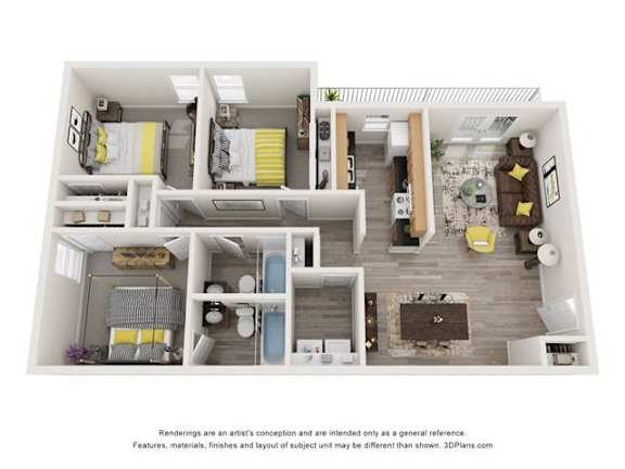A 3D floor plan of a house with a kitchen, living room, and two bedrooms.