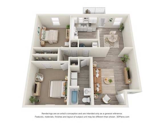 A 3D floor plan of a house with a kitchen, living room, and bathroom.