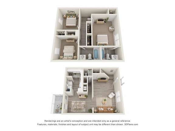 A 3D floor plan of a two-story residential building.