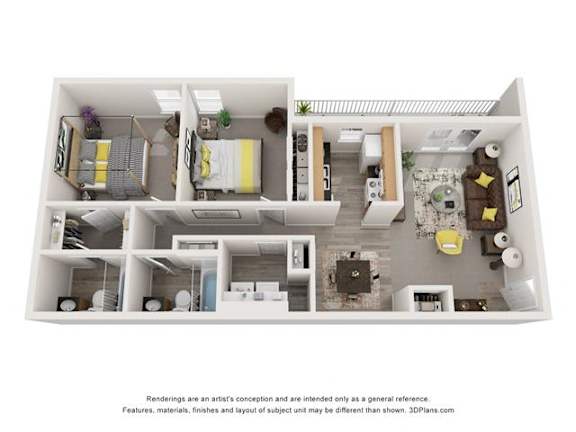 A 3D floor plan of a house with a kitchen, living room, and two bedrooms.