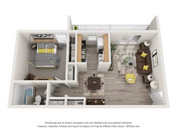 A 3D floor plan of a small apartment with a kitchen, living room, and bathroom.