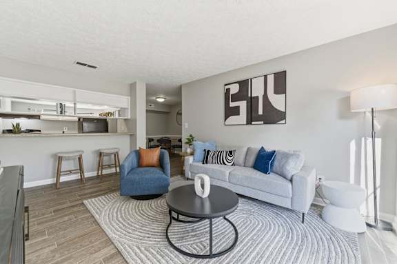 Living room with white cozy closet at The Reserve at Brookhaven, Atlanta, GA