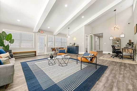 A living room with a grey rug and a white couch.
