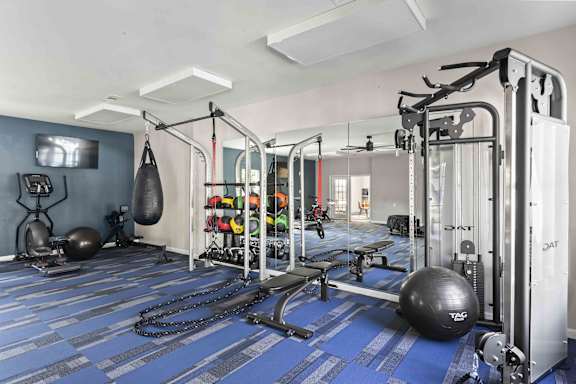 A gym with a variety of equipment including a squat rack, a punching bag, and a bench.