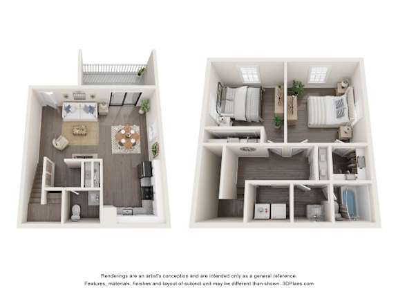 Floor Plan  Two images of a dollhouse interior with a kitchen and living room.