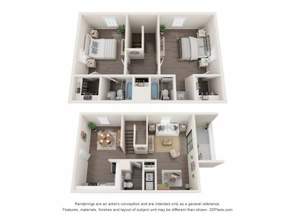 Floor Plan  A floor plan of a two-bedroom apartment with a living room, kitchen, and bathroom.