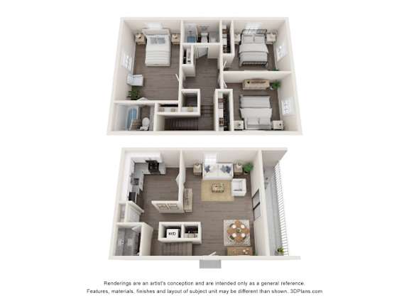 Floor Plan  A floor plan of a two-story apartment with a living room, kitchen, and bedrooms.