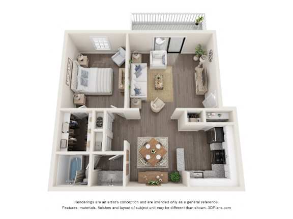 A 3D floor plan of a house with a kitchen, living room, and two bedrooms.