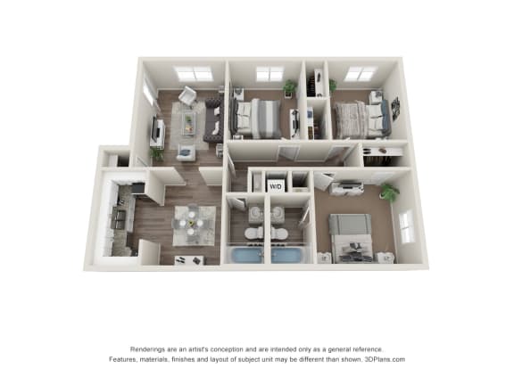 3 Bedroom Floor Plan | 1,075 Sq. Ft. 3 Bedroom Floor Plan | 1,075 Sq. Ft. at Ridgewood Apartments, Lawrenceville Georgia