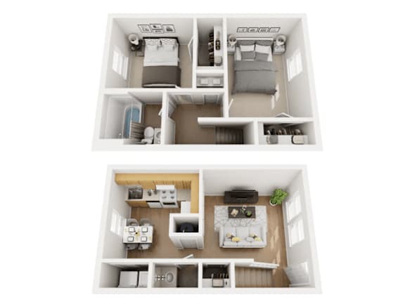 A top-down view of a small apartment with a kitchen, living room, and bedroom.