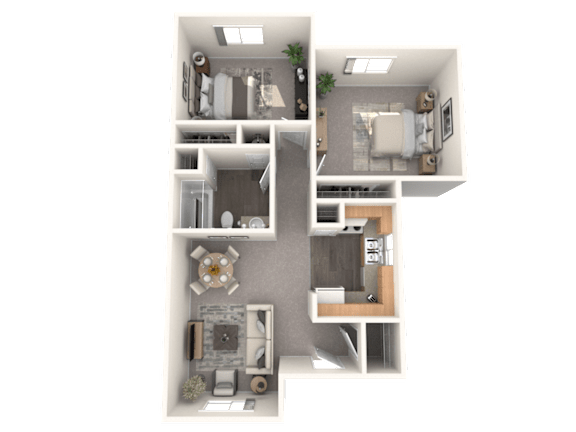 A 3D floor plan of an apartment with a kitchen, living room, and two bedrooms.