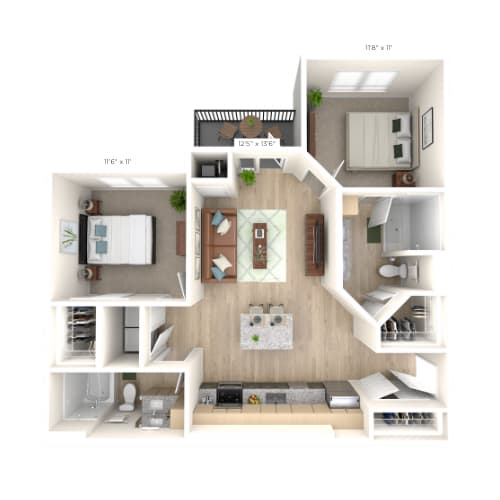 a 3d rendering of a 1 bedroom floor plan with a bathroom and a living room
