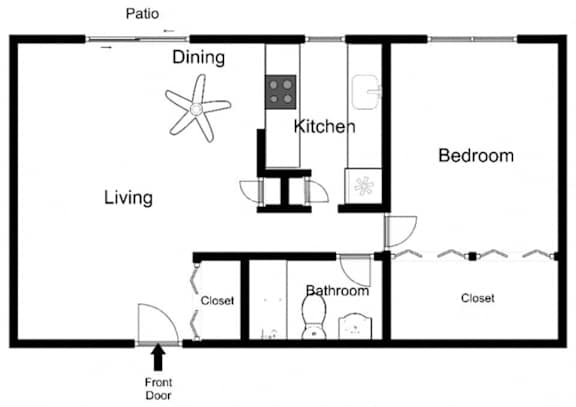 A floor plan of a small apartment with a living room, dining room, kitchen, bedroom, bathroom, and closet.