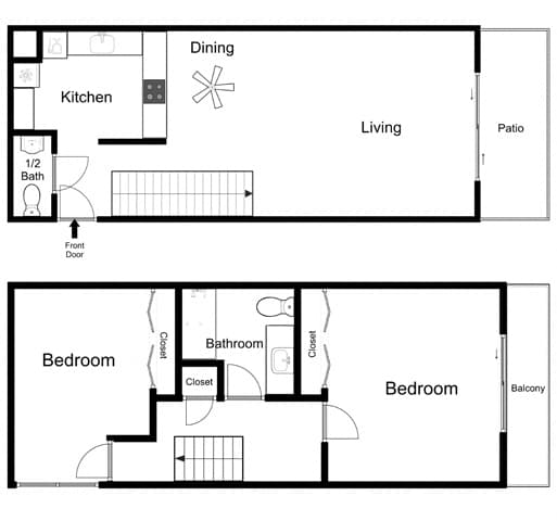 A floor plan of a house with two bedrooms, a living room, a kitchen, a bathroom, a closet, a balcony, and a front door.