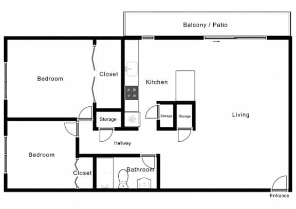 A floor plan of a home with a kitchen, two bedrooms, a bathroom, and storage areas.