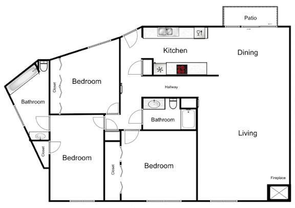 A floor plan of a house with a kitchen, dining area, and four bedrooms.