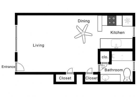 A floor plan of a small apartment with a living room, dining area, kitchen, bathroom and two closets.