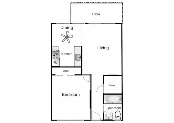 A floor plan of a living space with a bedroom and a patio.