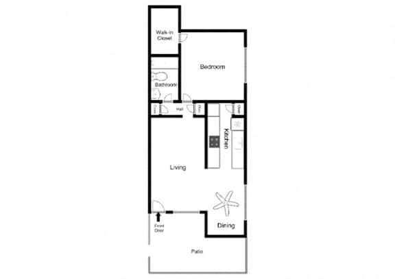 A floor plan of a house with a living room, dining room, kitchen, bedroom, bathroom and patio.