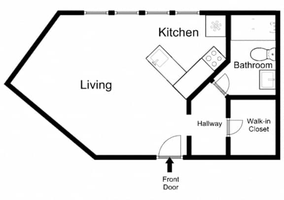 A black and white diagram of a house layout with a living area, kitchen, bathroom, hallway, and walk-in closet.