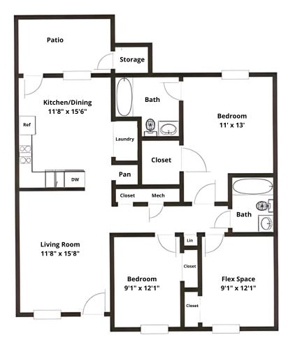A black and white floor plan of a house with labeled rooms and dimensions.
