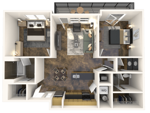 a rendering of a 3d floor plan with a bedroom and a living room
