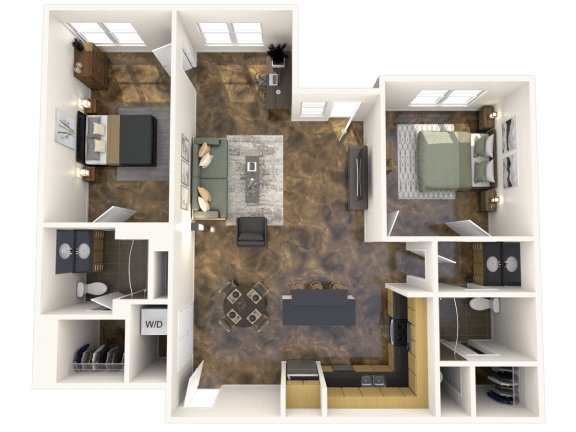 a 3d rendering of a furnished floor plan with a bedroom and a living room